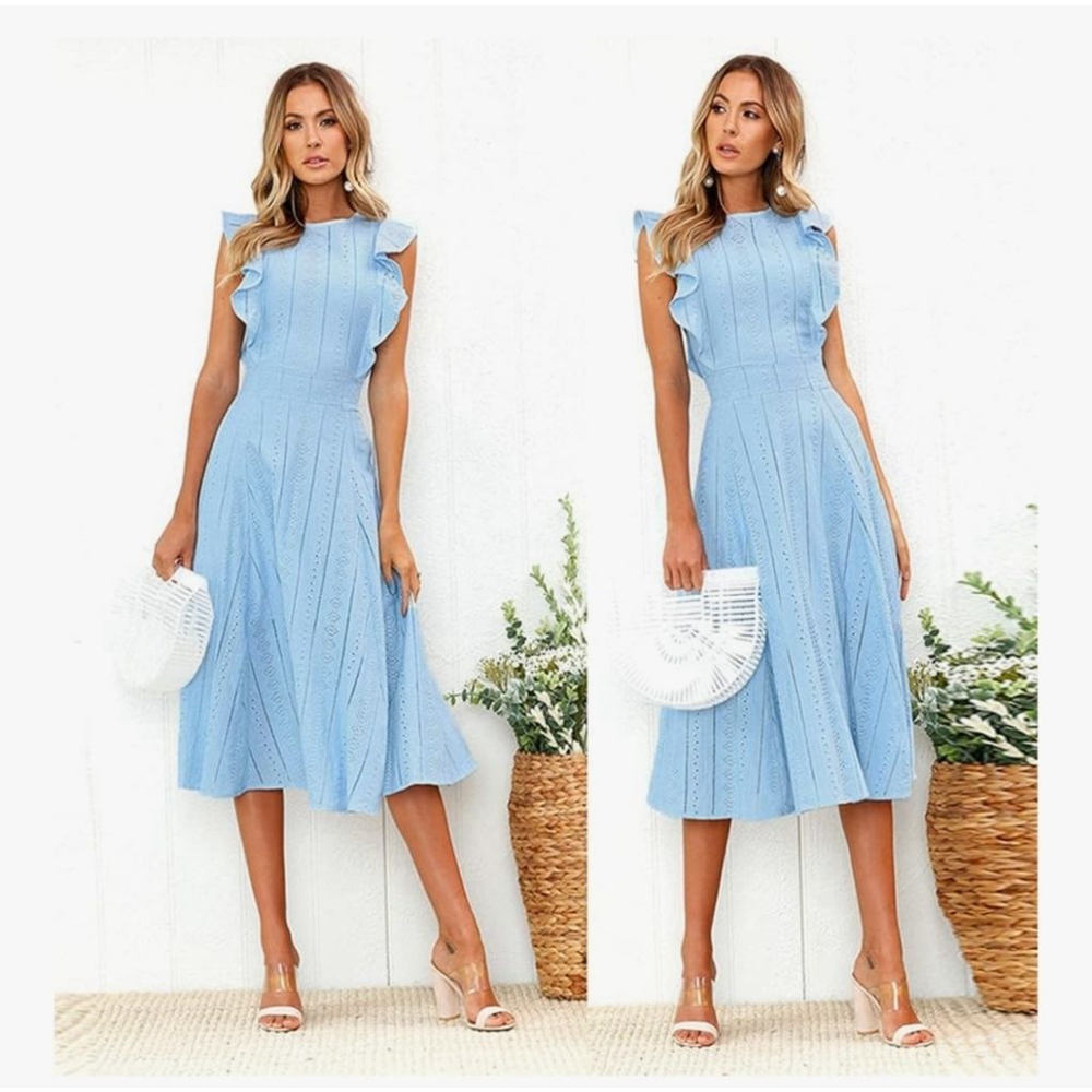 ECOWISH Light Blue Ruffle Eyelet Midi Dress M - Picture 2 of 7
